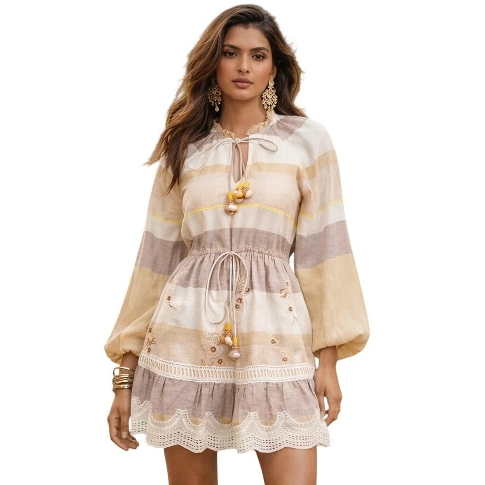 Hemant & Nandita Mana Dress Medium Ivory‎ Embroider Tassel Metallic Peasant Boho
